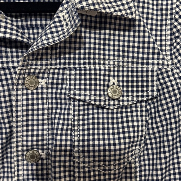 Talbots Navy Gingham Cropped Jacket Small | Cotton Stretch Button Front Blazer - Picture 4 of 8